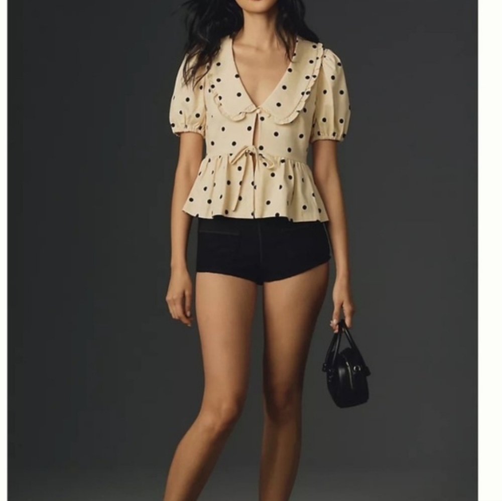 Porridge Polka Dot Tie Front Peplum Blouse Peter Pan Collar Puff Sleeve NWT Med - Picture 4 of 9